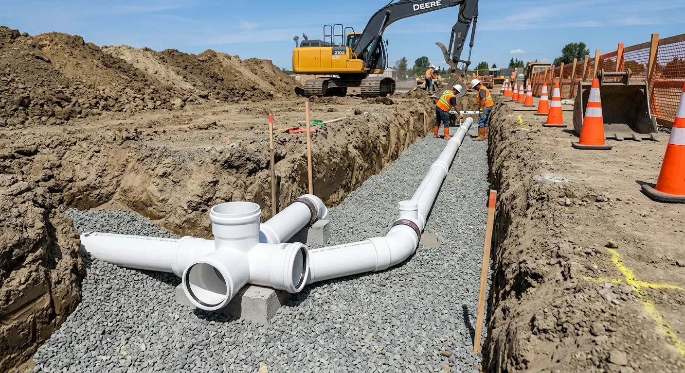 New PVC sewer pipe installation in open trench for Grease Trap Cleaning in Sparks