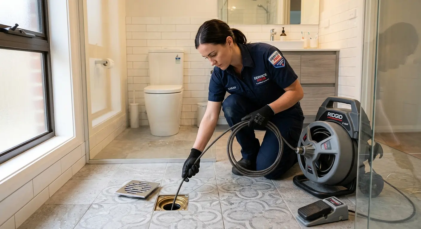 Technician clearing a bathroom floor drain for Hydro Jetting in Sparks
